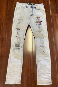 ABSTRACT PRINT DISTRESSED DENIM